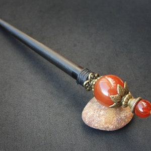 Wooden hair stick with brown agate gemstone, custom usable length image 2