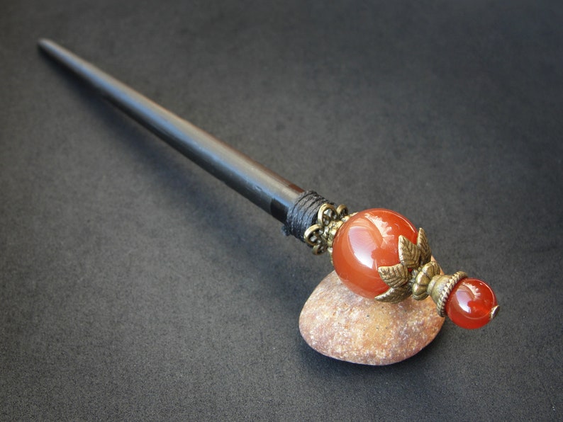 Wooden hair stick with brown agate gemstone, custom usable length image 2