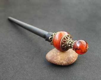 Handmade hair stick with agate stone beads, black wooden prong, minimalist hairpin