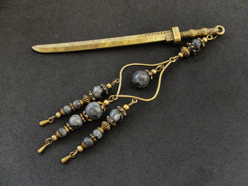 Metal hair stick with labradorite stone beads japanese kanzashi hair pin ornament chopstick hair decoration hair slide orient jewellery