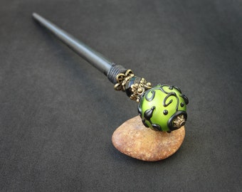 Wooden hair stick with green lampwork bead, black modest prong