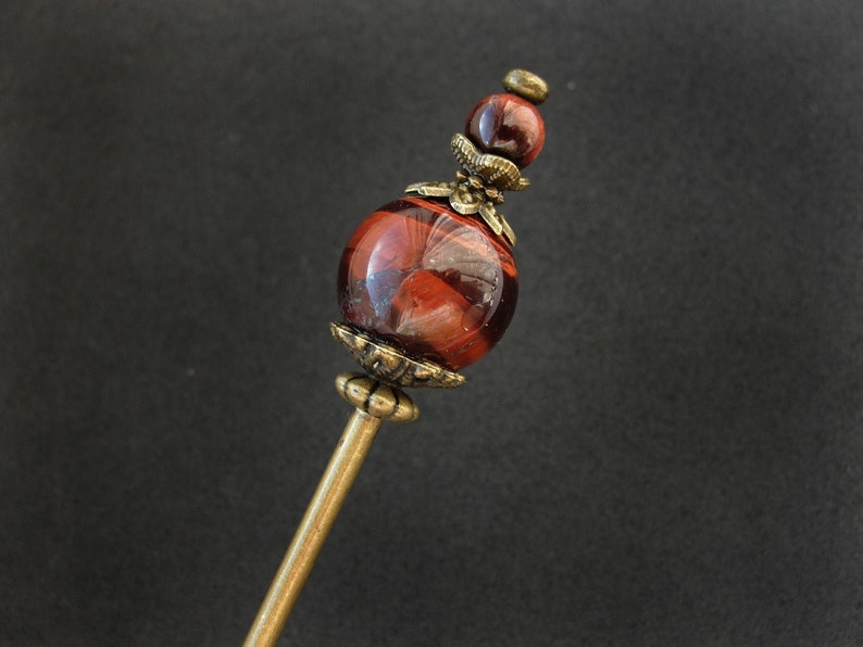 Modest tama kanzashi, red tiger eye, thin hair needle in bronze color, 5.5 usable length image 1