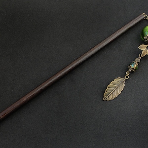 Leaf hair stick, green glass beads, metal or wooden pin image 5