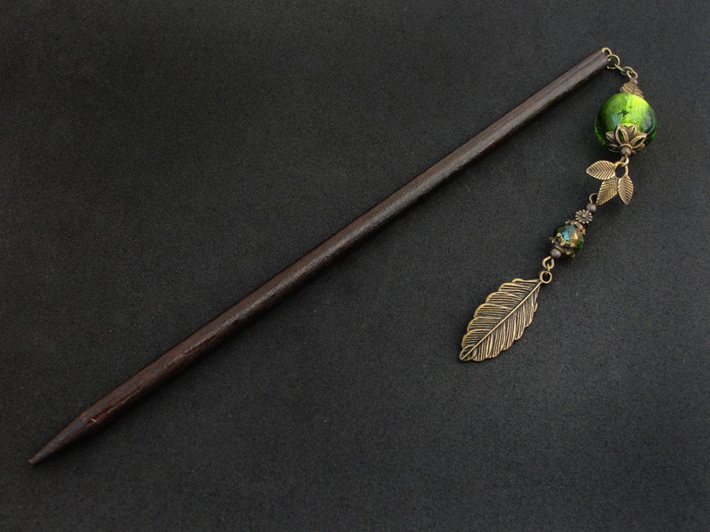 Leaf hair stick, green glass beads, metal or wooden pin image 5