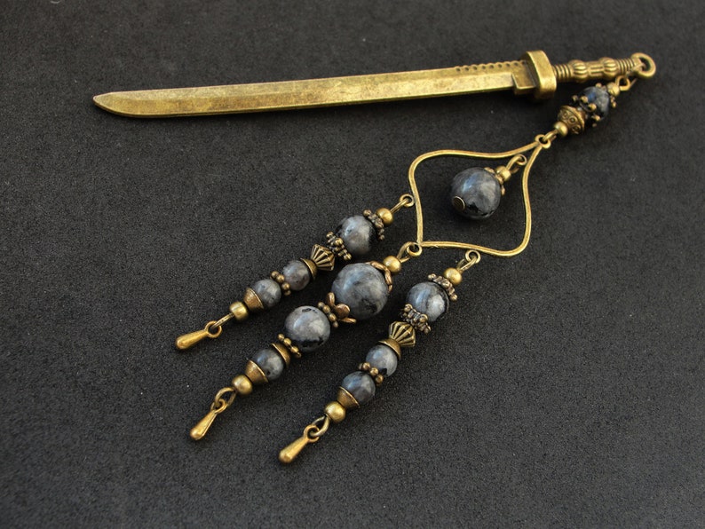Metal hair stick with labradorite stone beads japanese kanzashi hair pin ornament chopstick hair decoration hair slide orient jewellery