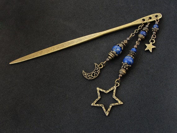 Metal hair stick with lapis lazuli stone, moon stars charms, bronze color