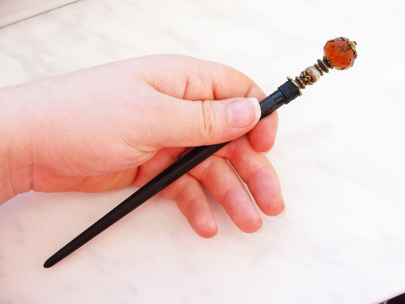 japanese kanzashi Wooden hair stick with brown agate and brown fine cut crystal hair pin wood hair chopstick ornament geisha hairpiece