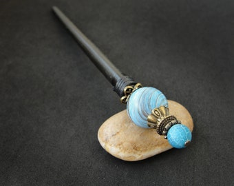 Black wooden hair stick with blue beads hairpin, length to choose