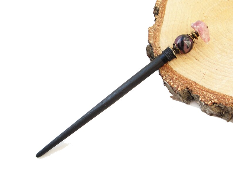 hair ornament chopstick geisha hair piece Wooden hair stick raw tourmaline and purple agate purple black kanzashi hairpin wood