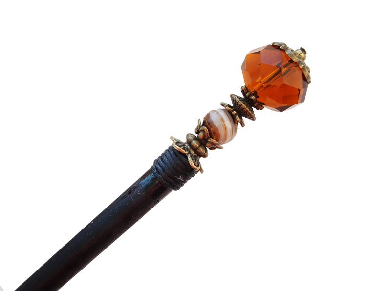 japanese kanzashi Wooden hair stick with brown agate and brown fine cut crystal hair pin wood hair chopstick ornament geisha hairpiece