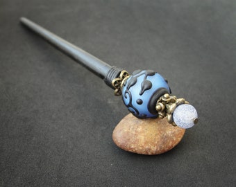 Wooden hair stick with blue beaded garnish, custom black prong