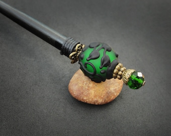 Wooden hair stick with dark green lampwork, custom black prong