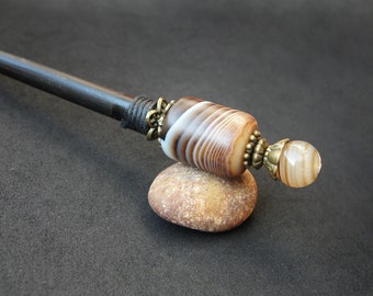 Brown agate hairpin, wooden hair stick, black thick baton, custom length