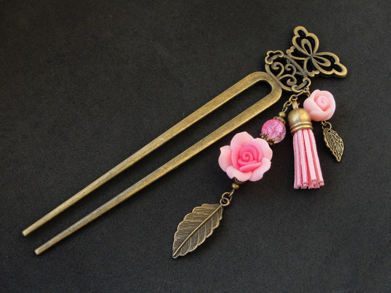 Metal butterfly hair fork suede tassel blue roses flower japanese kanzashi chopstick hair piece orient pin hair stick decoration ornament