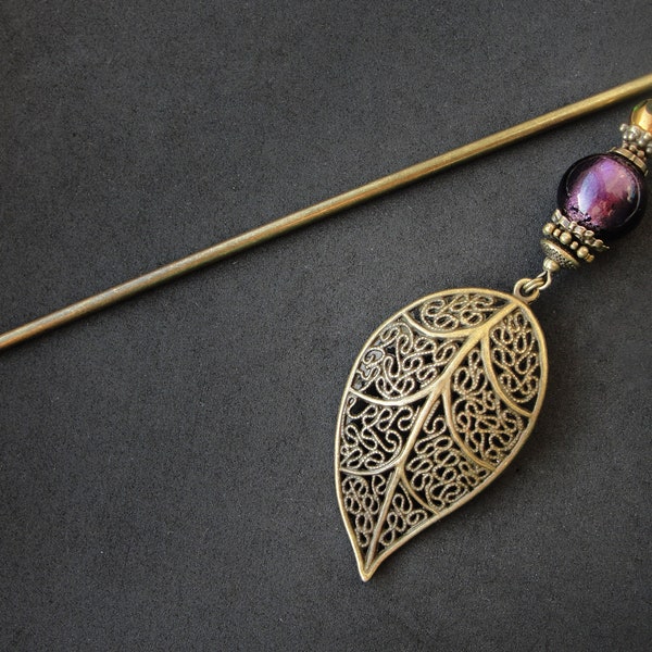 Ornamental leaf hair stick, purple green gold beads, decoration for updo, bronze metal color