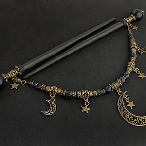 Set of 2 wooden hair sticks, celestial barrette, blue goldstone crescent moon and stars