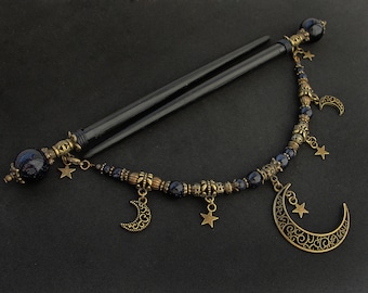 Set of 2 wooden hair sticks, celestial barrette, blue goldstone crescent moon and stars