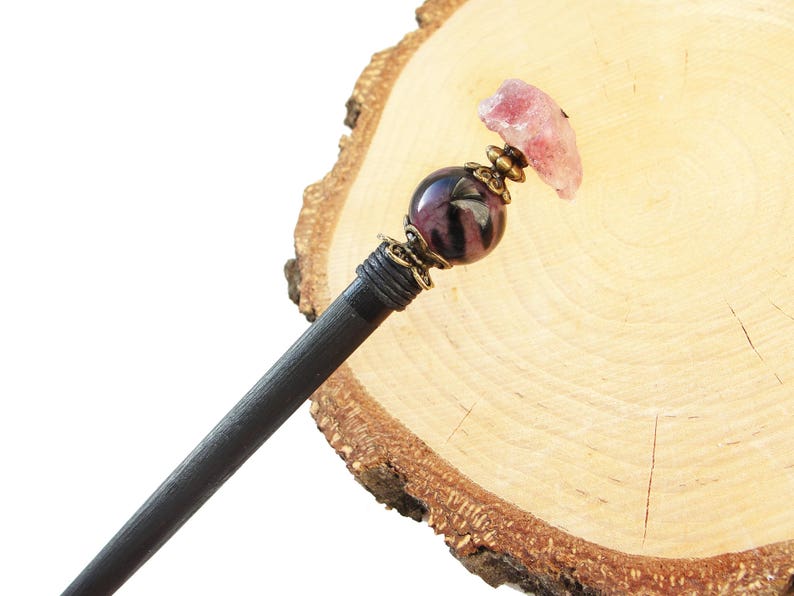 hair ornament chopstick geisha hair piece Wooden hair stick raw tourmaline and purple agate purple black kanzashi hairpin wood