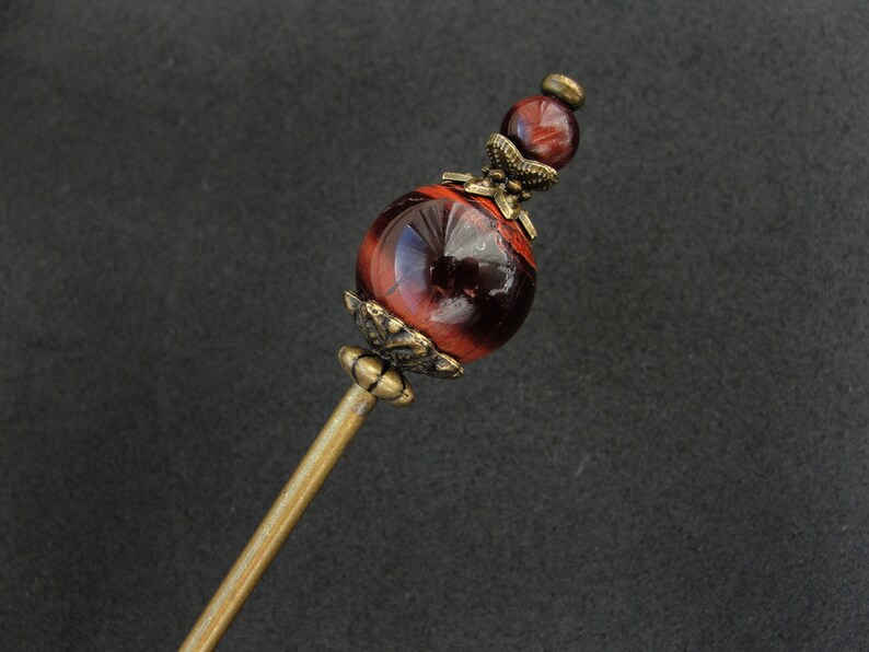 Modest tama kanzashi, red tiger eye, thin hair needle in bronze color, 5.5 usable length image 7