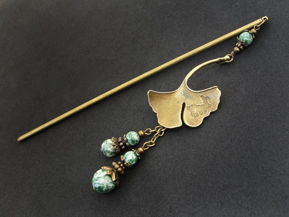 Ginkgo Leaf Hair Stick: Bronze Metal, Qinghai Cui Jade Beads