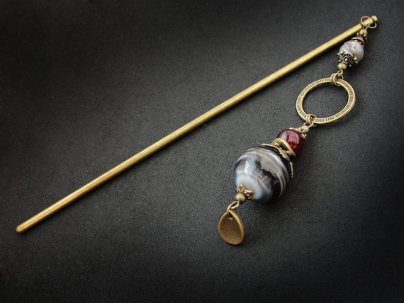 Chignon chopstick with red brown beads, agate quartz ceramic