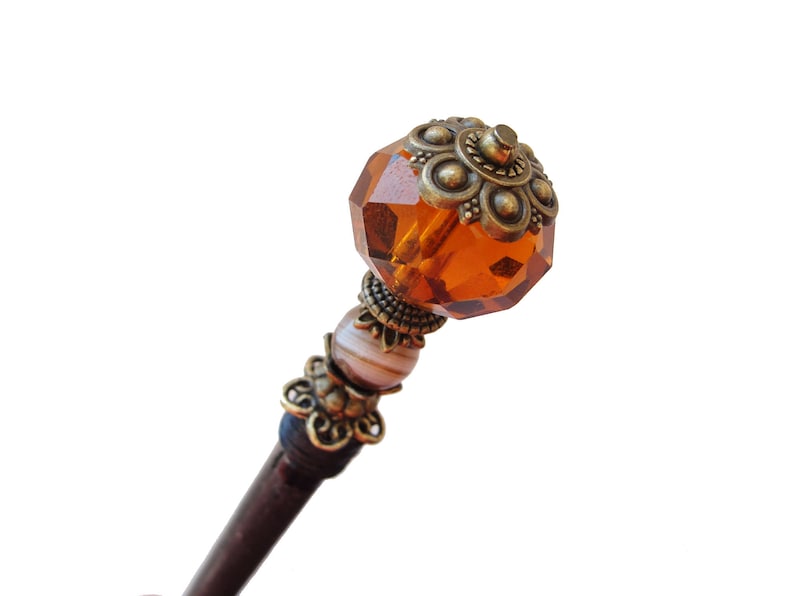 japanese kanzashi Wooden hair stick with brown agate and brown fine cut crystal hair pin wood hair chopstick ornament geisha hairpiece