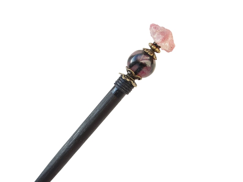 hair ornament chopstick geisha hair piece Wooden hair stick raw tourmaline and purple agate purple black kanzashi hairpin wood
