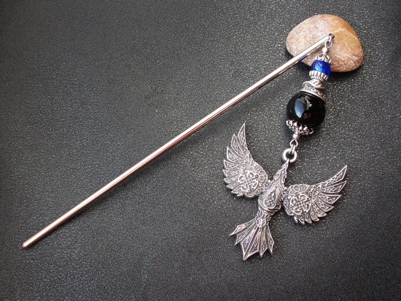 Viking raven hairpin, metal or wooden rod image 2
