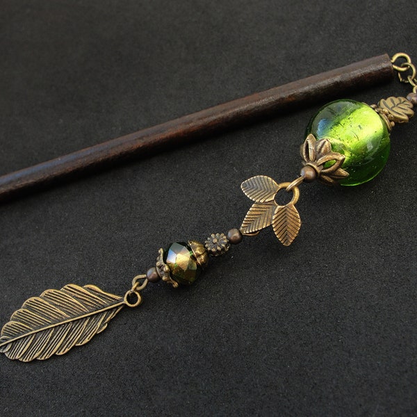Leaf hair stick, green glass beads, metal or wooden pin