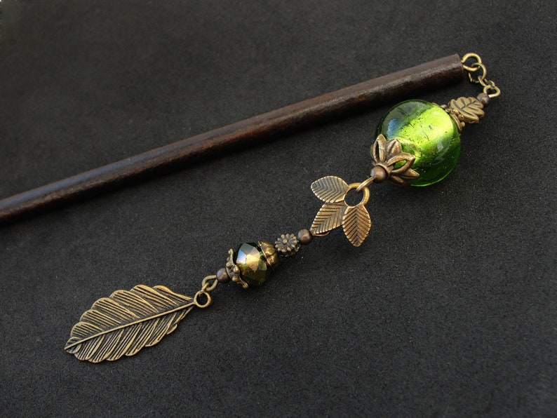 Leaf hair stick, green glass beads, metal or wooden pin image 1