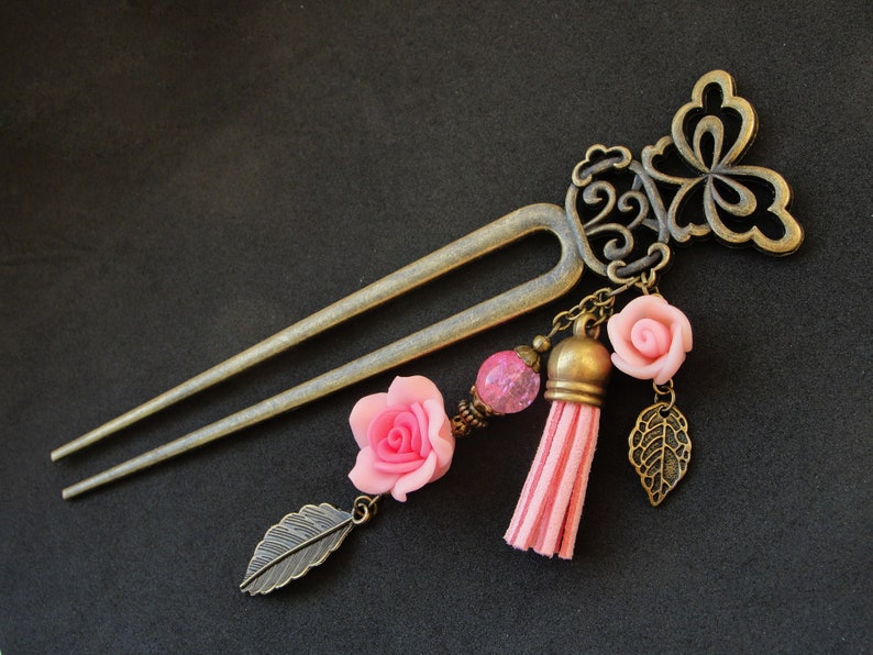 Metal butterfly hair fork suede tassel blue roses flower japanese kanzashi chopstick hair piece orient pin hair stick decoration ornament