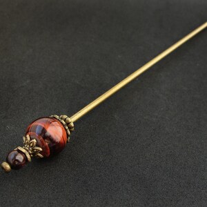 Modest tama kanzashi, red tiger eye, thin hair needle in bronze color, 5.5 usable length image 4