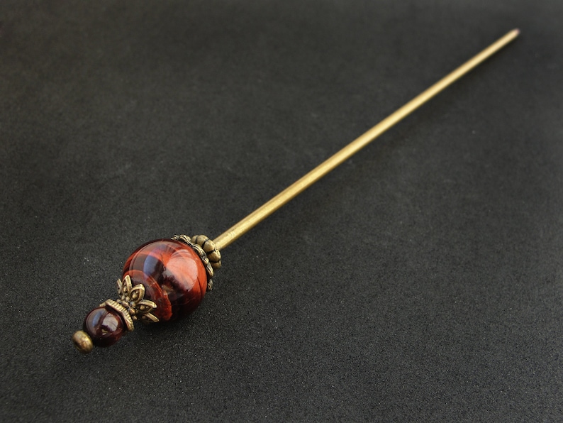 Modest tama kanzashi, red tiger eye, thin hair needle in bronze color, 5.5 usable length image 4