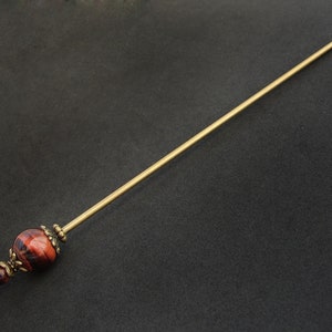 Modest tama kanzashi, red tiger eye, thin hair needle in bronze color, 5.5 usable length image 5