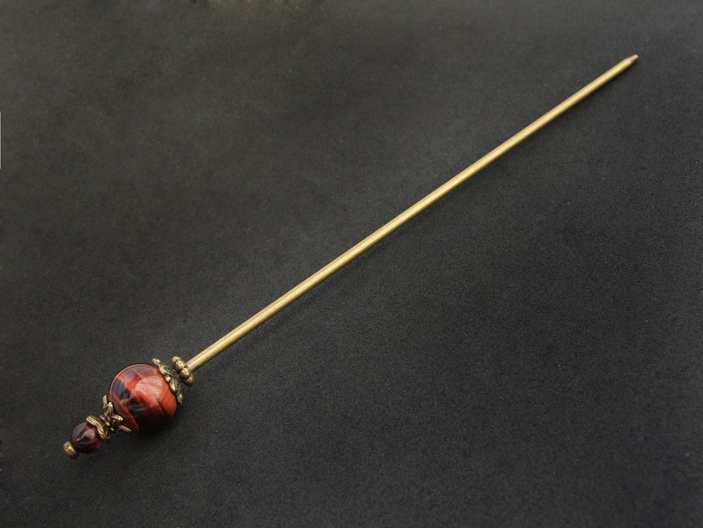 Modest tama kanzashi, red tiger eye, thin hair needle in bronze color, 5.5 usable length image 5