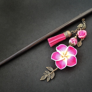Hot pink flower hair stick, black wooden chopstick, floral bun holder, bronze metal color