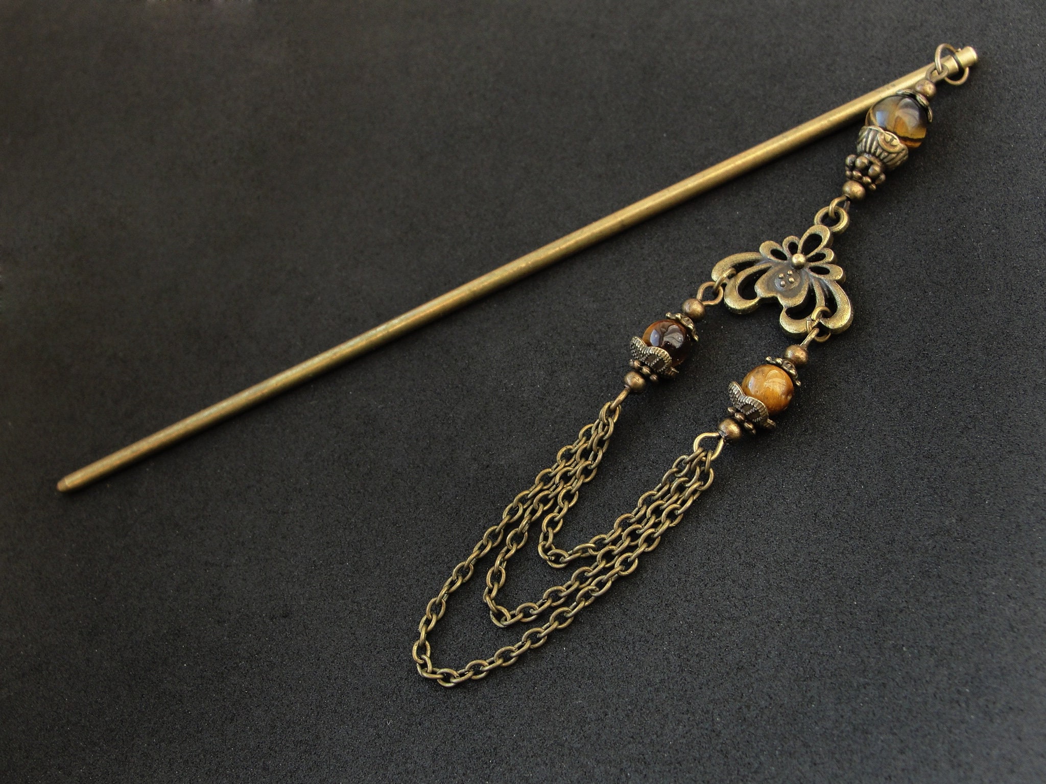 Metal hair stick - tiger eye - hairpin asian pick japanese kanzashi geisha hair piece orient jewellery hair slide hair decoration