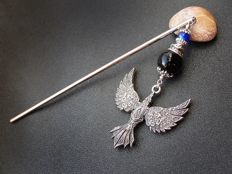 Viking raven hairpin, metal or wooden rod image 4