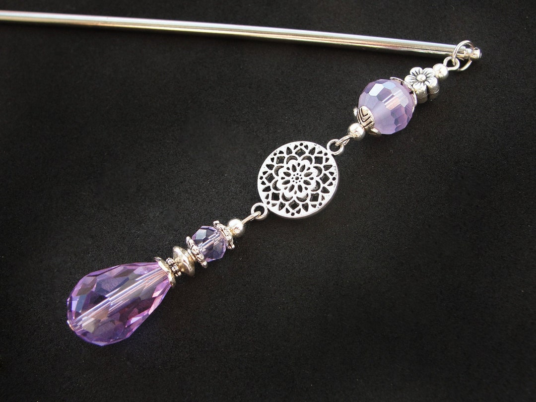 Beaded Hair Stick With Dangling Violet Pink Crystals, Slim Silver Metal
