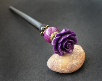 Wooden hair stick with purple coral rose, black modest prong