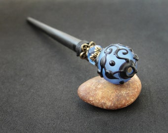 Wooden hair stick with blue beaded top, custom black prong