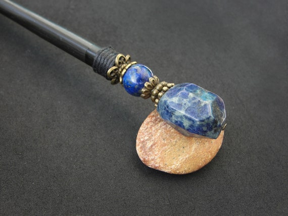 Wooden hair stick with lapis lazuli stone, custom length black chopstick