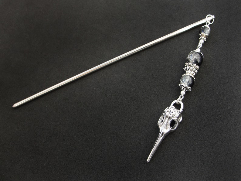 Raven hair stick, bird skull hairpin, white black crackle glass, silver metal color image 7