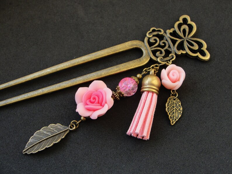 Metal butterfly hair fork suede tassel blue roses flower japanese kanzashi chopstick hair piece orient pin hair stick decoration ornament