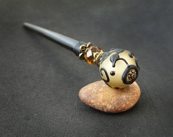 Customized hairpin with beige lampwork bead, wooden hair stick