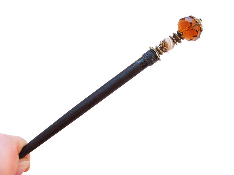 japanese kanzashi Wooden hair stick with brown agate and brown fine cut crystal hair pin wood hair chopstick ornament geisha hairpiece