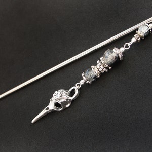 Raven hair stick, bird skull hairpin, white black crackle glass, silver metal color image 4