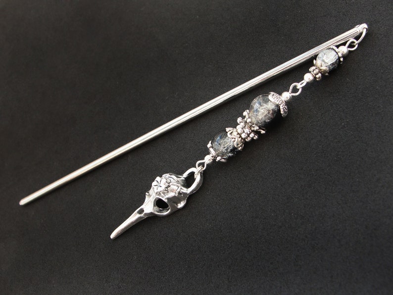 Raven hair stick, bird skull hairpin, white black crackle glass, silver metal color image 4