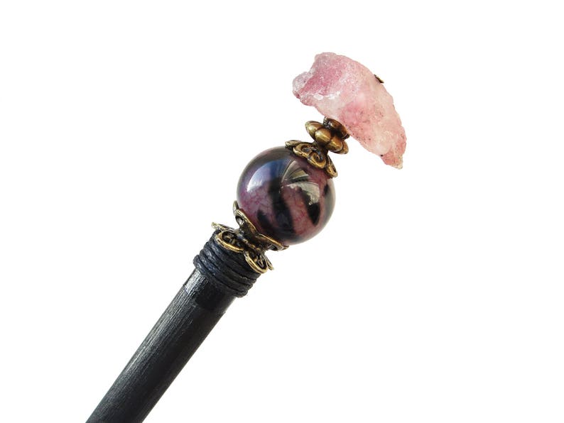 hair ornament chopstick geisha hair piece Wooden hair stick raw tourmaline and purple agate purple black kanzashi hairpin wood