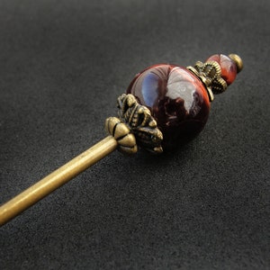 Modest tama kanzashi, red tiger eye, thin hair needle in bronze color, 5.5 usable length image 6